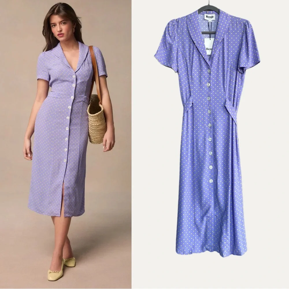 ROUJE NWT Lilac Purple Yellow Polka Dot Printed Button Down Marin Midi Dress 40 - Picture 8 of 17